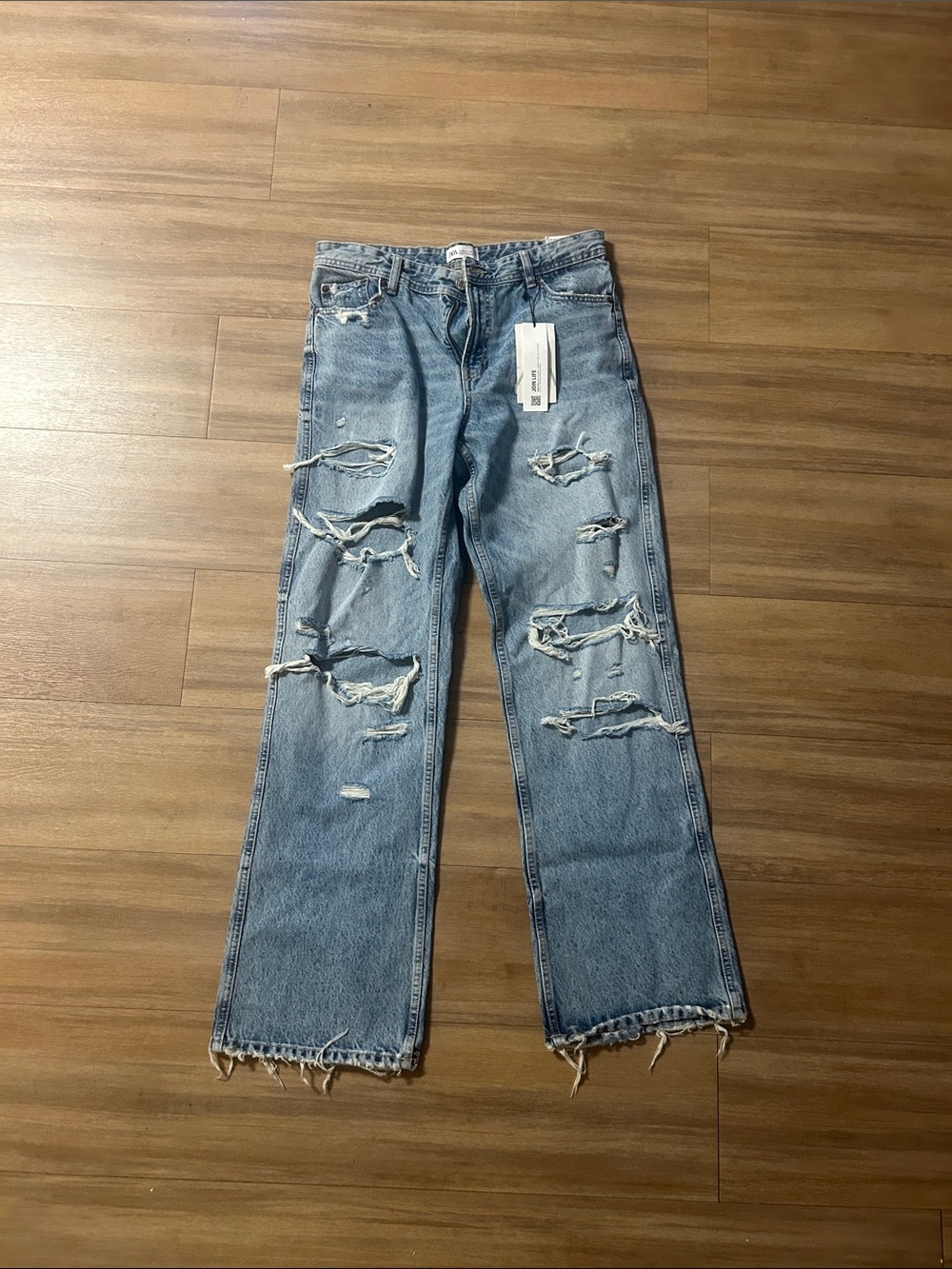 Zara Light Blue Distressed Straight-Leg Jeans